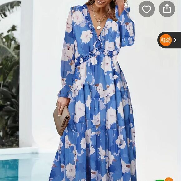 Casual Floral Deep V Neck Long Sleeve Long Evening bohemian Cocktail dress - Picture 3 of 12